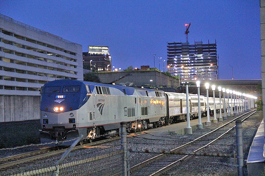 The eastbound Lake Shore Limited idles at Cleveland on June 3, 2012, before resuming its journey to New York and  Boston. (Photograph by Craig Sanders)