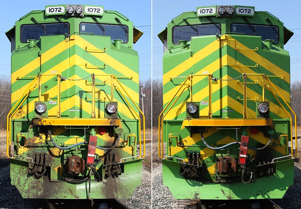 Before and after shots of the nose of the Illinois Terminal heritage unit at Avon Lake this past Saturday. 