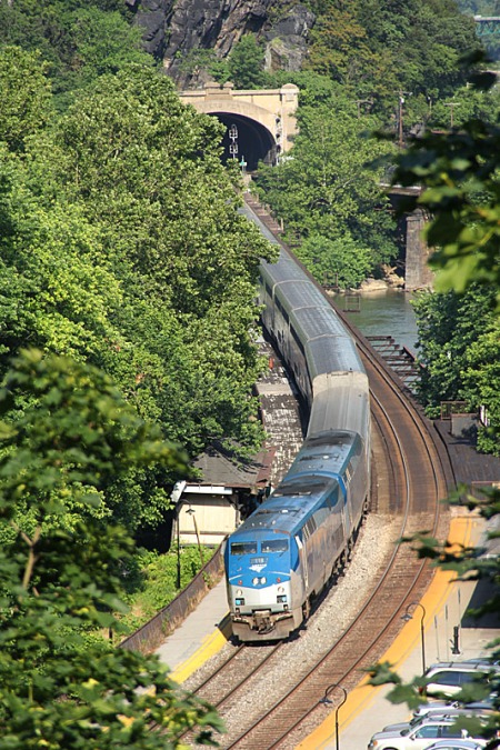 The westbound Capitol Limited pulls into the historic station at Harpers Ferry, W.Va., on June 7, 2012. (Photograph by Craig Sanders)