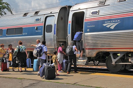 Empire Corridor train No. 288 boards passengers at Buffalo Depew station on July 31, 2011. (Photograph by Craig Sanders)