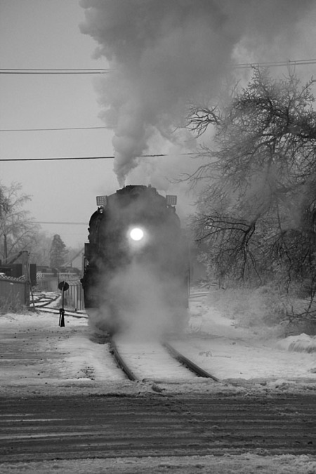 Pere Marquette 1225 makes it way on the Great Lakes Central mainline in Owosso, Mich. It would turn  out not to be the start of a North Pole Express excursion.