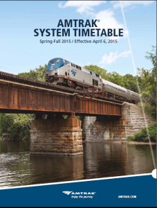 The cover of the Spring-Fall 2015 Amtrak system timetable features an image of the Ethan Allen Express.