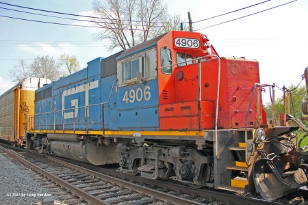 The fourth unit on the manifest freight from Flat Rock had a former Grant Trunk Western GP38-2. Sure, it was trailing but how many of these can you see these days?