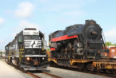 Made in Reading, Meet made in LaGrange. Two distinctive forms of motive power go nose by nose at Rockport Yard in Cleveland.