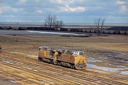 A pair of Union Pacific locomotive await their next assignment. 