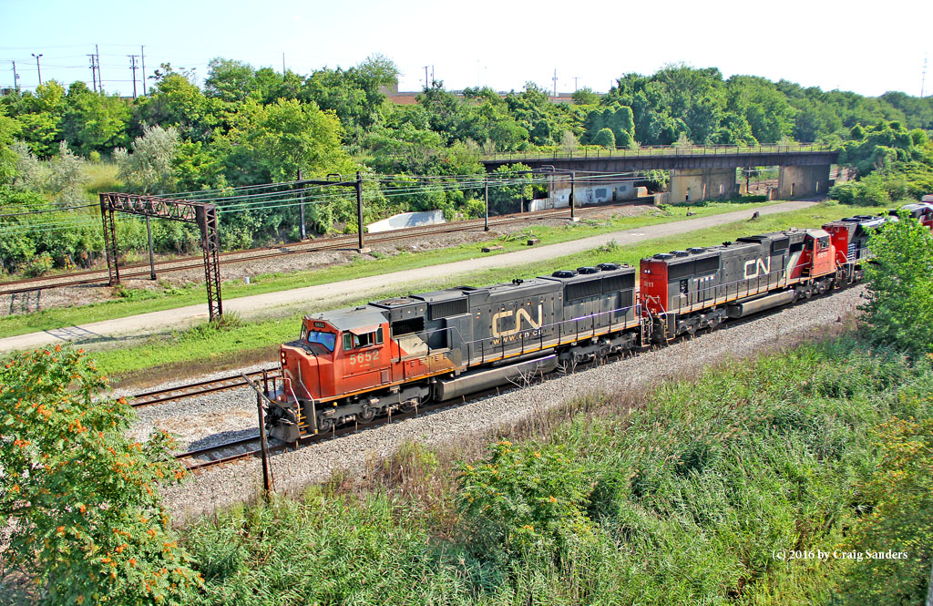 Norfolk Southern train 145 had a consist of three Canadian National locomotives as it rolled through Cleveland on the Cleveland District of Norfolk Southern.
