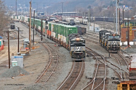 An eastbound stack train has a new crew and is ready to go east.